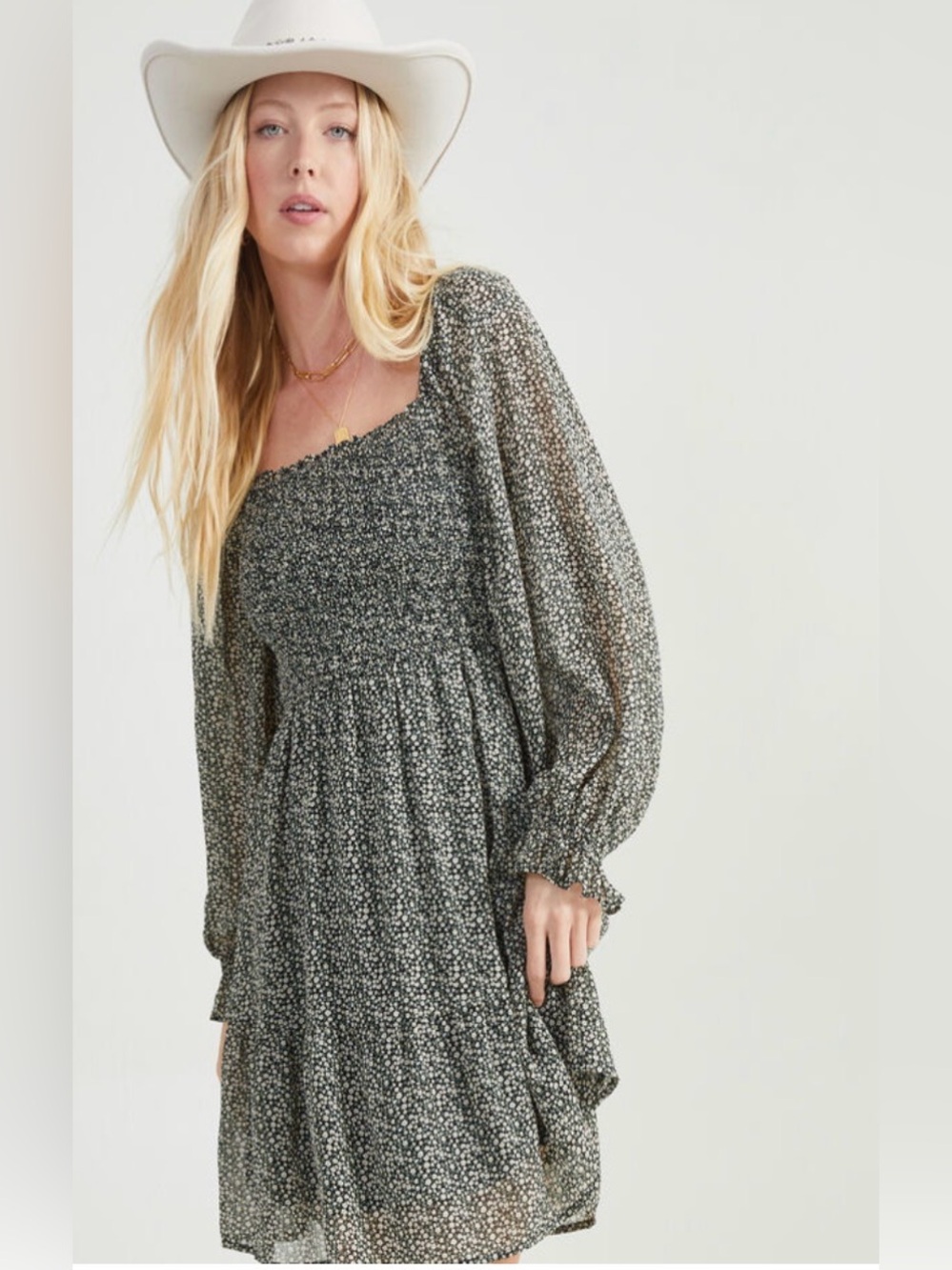 Altar'd State Black Floral Smocked Square-Neck Mini Dress